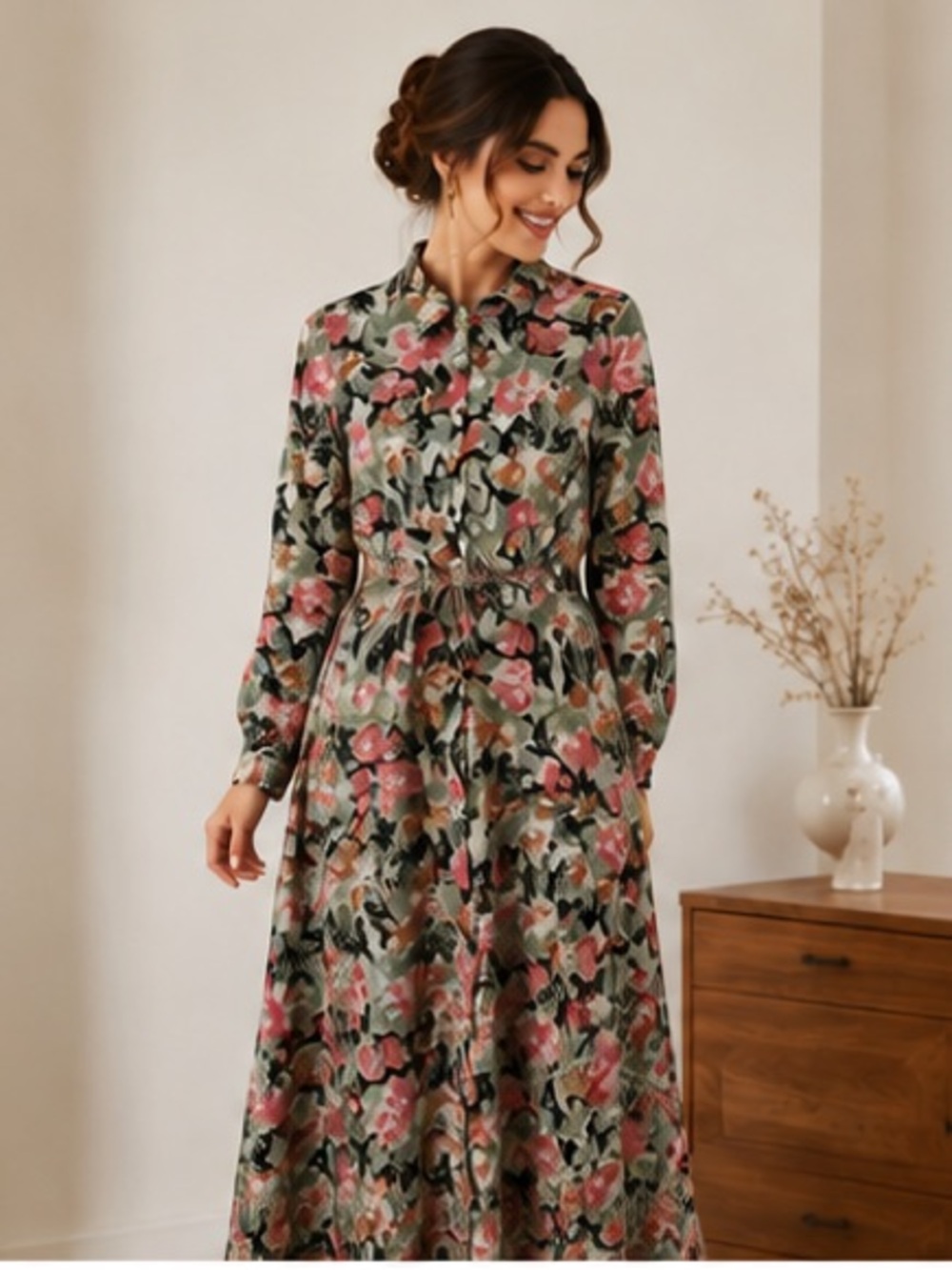 Udel Modest Floral Button Up Asymmetrical Collared Dress